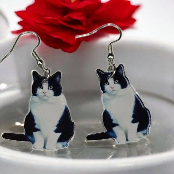 Black Tuxedo Cat 🐈‍⬛ Earrings Gothic Dangle Shiny Acrylic Tux Kitty Cute Gift - Picture 4 of 8